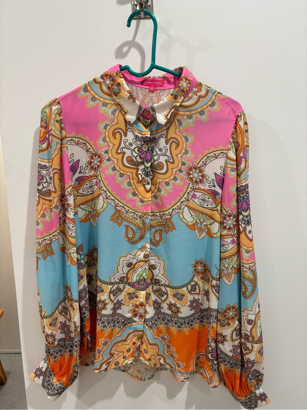Flying Tomato Pink, Blue & Orange Paisley Long-Sleeve Blouse